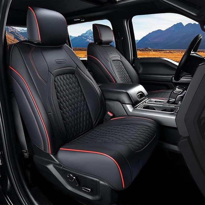 Coverado Wrangler JK Seat Covers, Custom Fit for Pickup Truck Jeep Wrangler Seat Covers 2/4 Door, Waterproof Leather Car Seat Covers Cushions for Jeep Wrangler Accessories 2008-2012(Red Line)