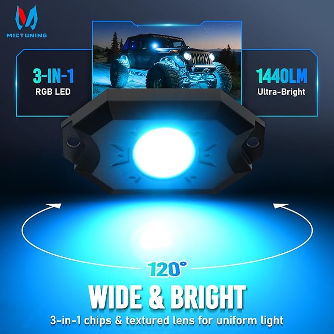 MICTUNING 2nd-Gen CM RGB Rock Lights - 8 Pods Waterproof Multicolor Neon Underglow Kit with Bluetooth App Control & Music Mode for Trucks Pickup UTV SUV ATV（2 Year Warranty）