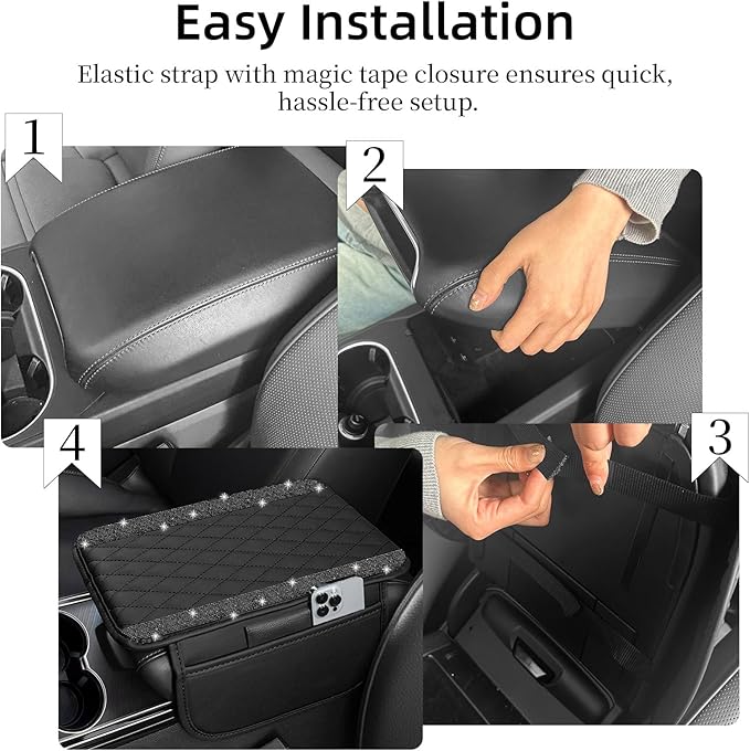 NBTEPEM Bling Car Center Console Cover, Leather Car Arm Rest Cover Cushion with 2 Storage Bags, Universal Automotive Armrest Protector Storage Box, Bling Accessories Interior for Most Vehicles (Black)