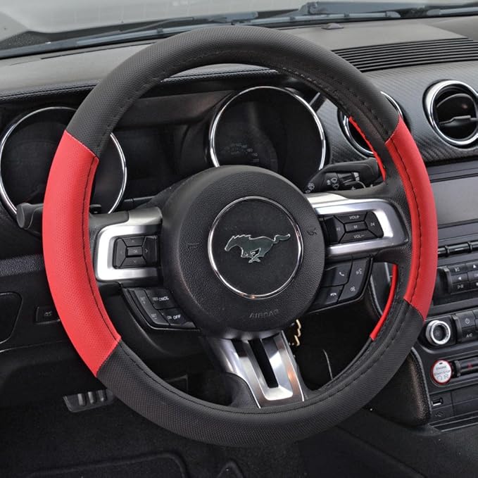 BDK Sporty Two Tone Ergonomic Grip Steering Wheel Cover - Plush Leather Grip for Standard Size Wheels 14.5-15 inch Red/Black