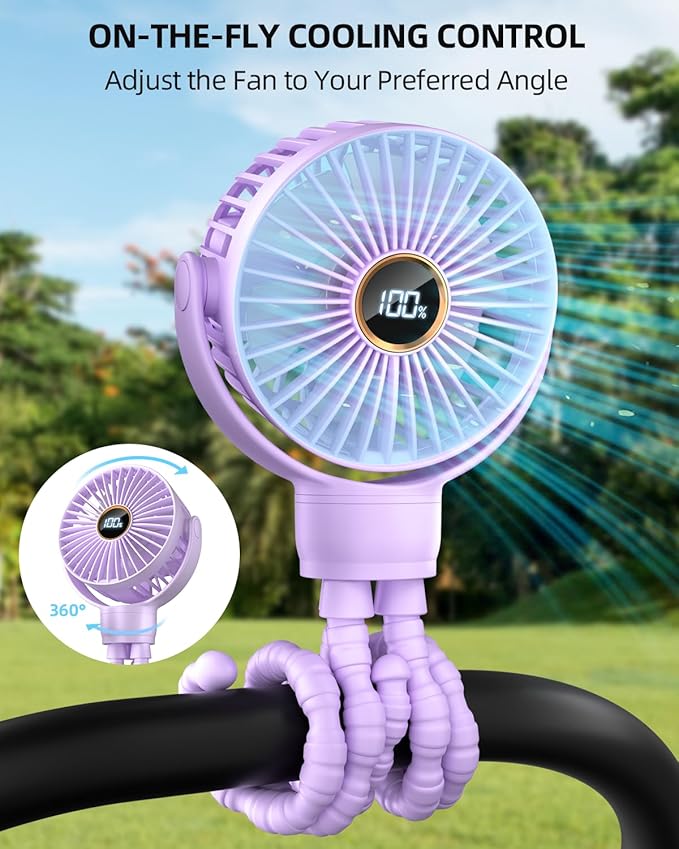 buywoo Portable Stroller Mini Fan, Small Rechargeable Personal Fan, Travel Essentials for Baby, Wagon, Car Seat, Treadmill, Battery Powered Biking Gear Accessories, 360° Rotation, 3-Speed, Display