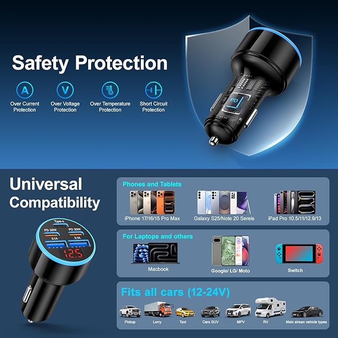 Car Charger USB C, 5-Port 90W Super Fast Car Phone Charger, Dual PD 30W & QC Type C Car Charger, Cigarette Lighter Adapter with Voltage Display for iPhone 17/16/15 Pro Max, iPad,Galaxy S25 S24,Pixel