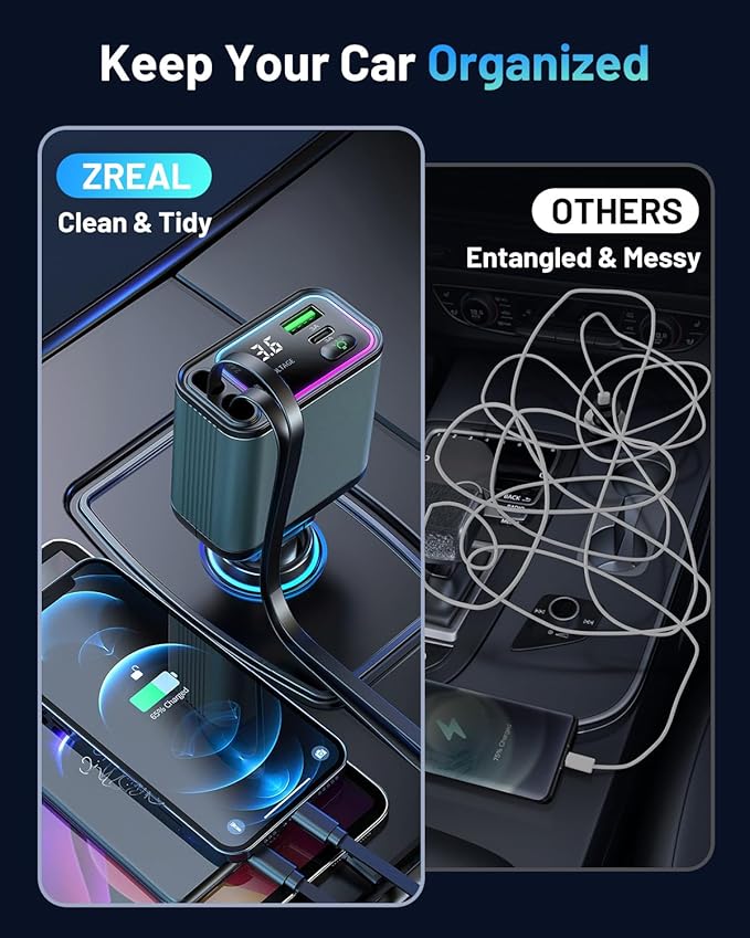 4 in 1 Retractable Car Charger with RGB Light, 92W Fast Charging Dual USB C Car Adapter, Compact Car Phone Charger for iPhone/Galaxy/Pixel, Road Trip Essentials (Dual Type C Cable)