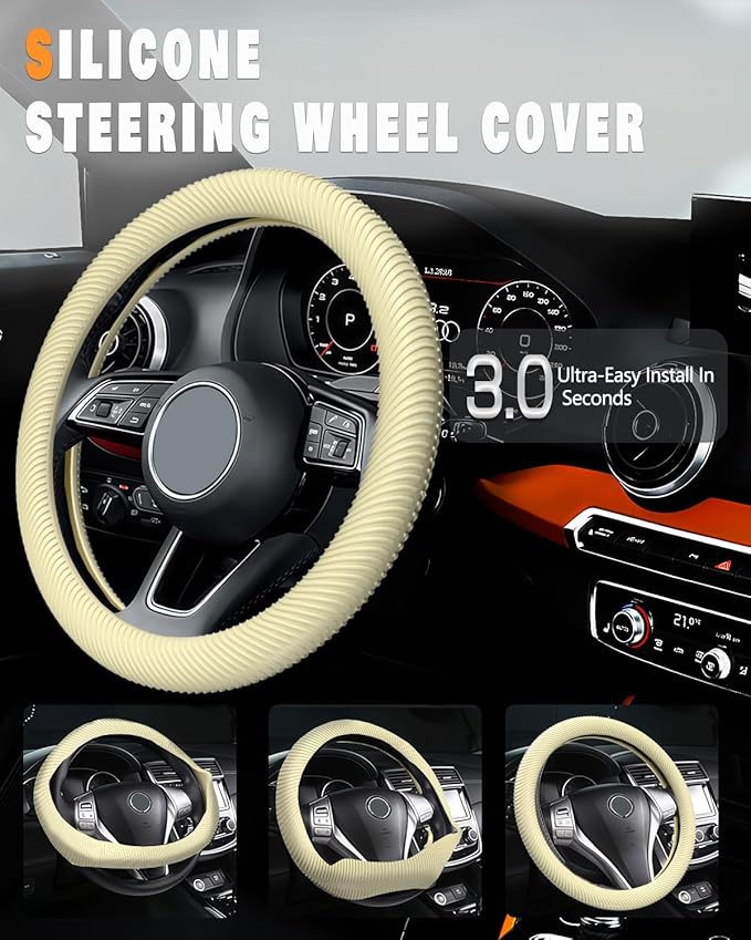 WOCOCN Car Steering Wheel Cover, Thin Anti-Skid Silicone Steering Wheel Cover for Men & Women, Universal Automotive Interior Accessories for Most Cars (Light Yellow)