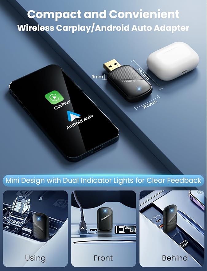 Mini Wireless Carplay and Android auto Adapter with Fastest Connection Car, No Latency Wireless Carplay Adapter, for Cars from 2016 & Phone with iPhone 6 or Above/Android 10+, USB-A/Type-C Black