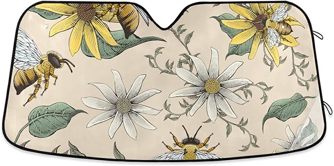 Bee White Daisy Windshield Sun Shade Blocks UV Rays Visor Protector Accordion Folding Sun Reflector Auto Sunshade for Car Truck SUV to Keep Your Vehicle Cool