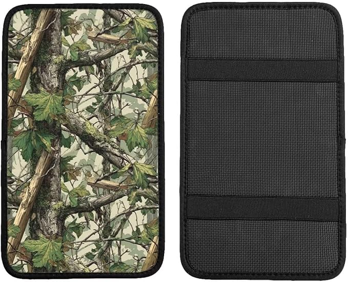 Anti-Scratch Car Center Console Cushion Pad Camo Camouflage Waterproof Armrest Seat Box Cover Protector Green Leaf Branch Comfortable Car Decor Accessories