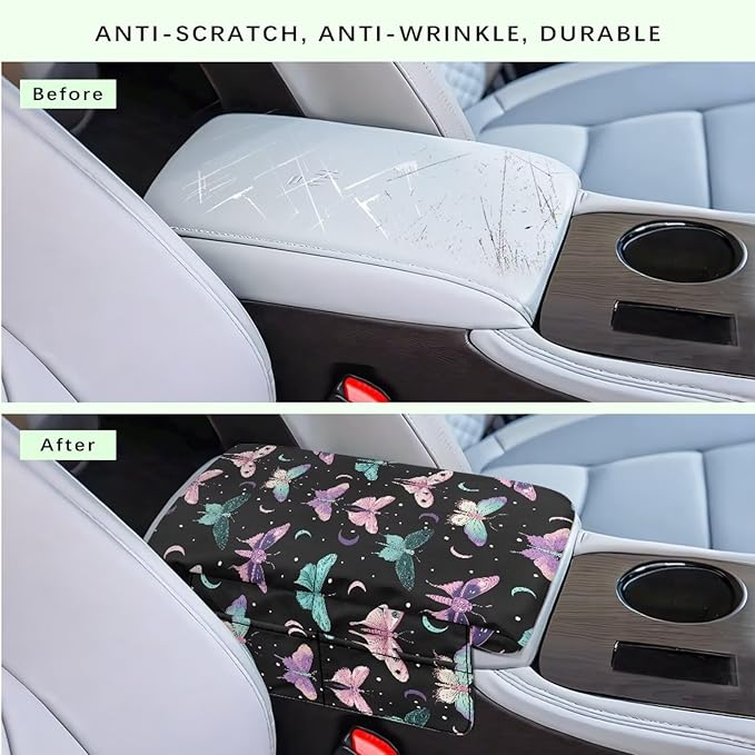 Car Center Console Pad with Pockets, Butterfly Mooon Print Car Armrest Seat Box Cushion, Car Interior Accessories, Auto Armrest Cover Protector for Most Vehicle, SUV, Truck