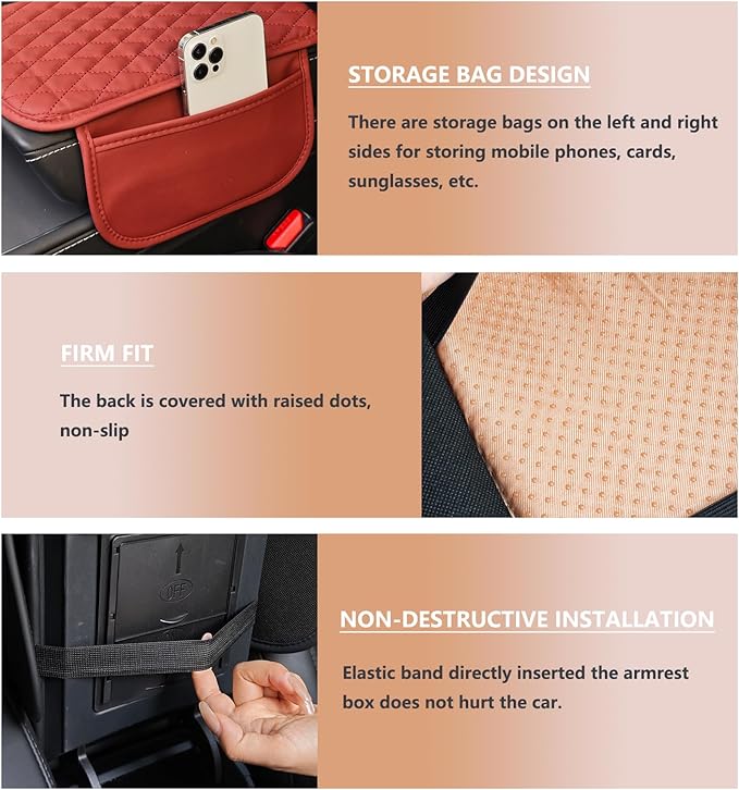Car Center Console Cover,Microfiber Leather Car Armrest Cover Cushion with Storage Bags, Universal Car Armrest Storage Box Car Interior Accessories for Most Vehicles, Red