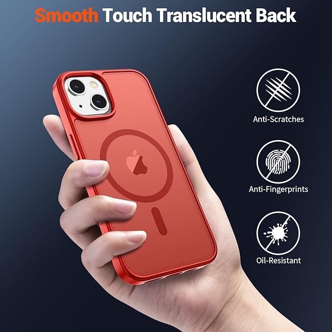 SUPFINE Magnetic for iPhone 15 Plus Case & iPhone 14 Plus Case(Compatible with MagSafe)(Military Grade Drop Protection) Slim Translucent Shockproof with Anti-Fingerprint Phone Case,Red