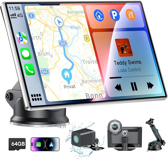 Portable CarPlay Screen for Car,Car Stereo with Apple CarPlay & Android Auto,Incell Touch Screen,4K Dash Cam,1080P Backup Camera,Mirror Link, Voice Control, Bluetooth 5.3,GPS,FM (9 Inch)