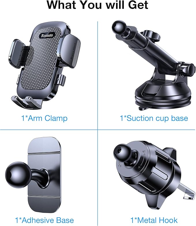 Romuto Phone Holders for Your Car Phone Holder Mount【Super Suction】Cell Phone Mount for Car Accessories for Women Men Windshield/Vent/Dash Truck Stand Desk Mount Clamp Holder for iPhone Samsung Camera