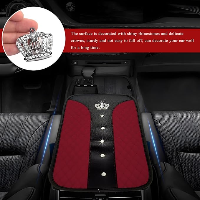 Bling Leather Car Center Console Cover, Anti-Slip Crown Armrest Seat Box Cushion Pad with Rhinestones, Waterproof Crystal Arm Rest Protector Interior Decor for Most Vehicles (Wine Red)