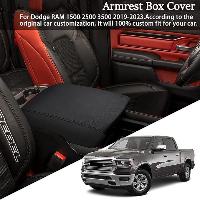 Center Console Cover Anti-Scratch Waterproof Leather Armrest Pad Protector Cushion for Dodge RAM 1500 2500 3500 2019 2020 2021 2022 2023 Interior Accessories(Black)