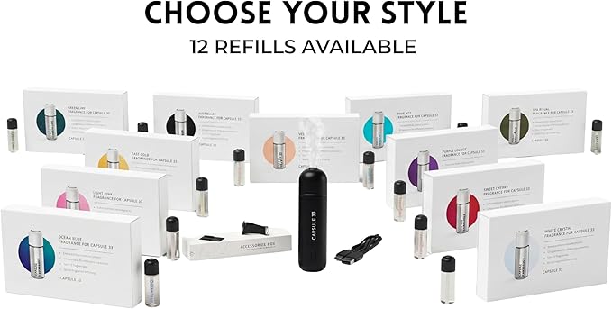 Car Perfume Starter Pack, Car Air Freshener, Ultrasonic Aroma Diffuser, 6 Fragrances (White Crystal, Red Diamond, East Gold, Ocean Blue, Sweet Cherry, Light Pink) (White)