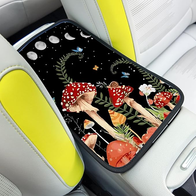Red Mushroom Auto Center Console Pad,Soft Waterproof Car Center Console Cover Auto Armrest Seat Box Cover Protector for Most Vehicle SUV Truck Car