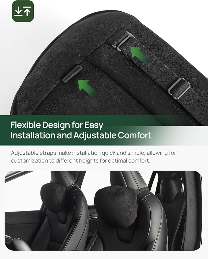TPARTS Headrest Neck Pillow for Tesla Model 3/Y/X/S, Soft Faux Suede Fabric Car Neck Support Pillow Cushion for Traveling (Filled with Dupont Sorona Fiber)-Set of 2 Black