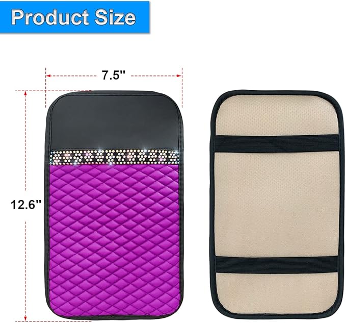 Bling Leather Car Center Console Cover, Car Center Console Protector With Glossy Crystal Rhinestone, Universal Waterproof Car Armrest Seat Box Cover For Most Car, Vehicles, SUVs, Trucks (Purple)