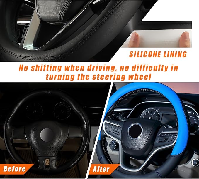 Ziciner Steering Wheel Cover, Soft Leather Premium Durable Elastic Auto Wheel Cover Protector, Stretch Breathable Anti-Slip Lining, Universal 14.5-15 inch Car Interior Accessories (Blue)