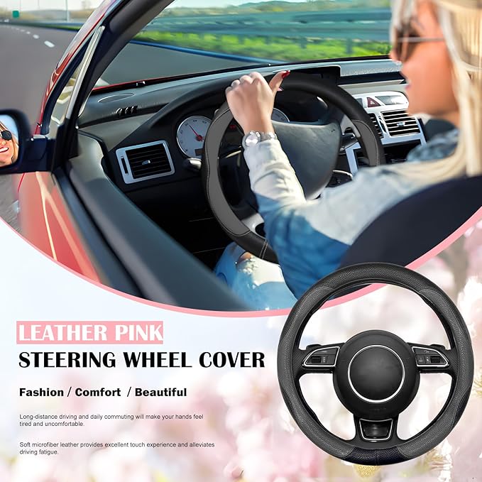 SuperKaKa Gray and Black Car Steering Wheel Cover 2025, Universal Auto PU Cute Breathable Slip-Proof Comfort Imitation Leather Protector Cars Interior Accessories for Women Men Fit Most Vehicle