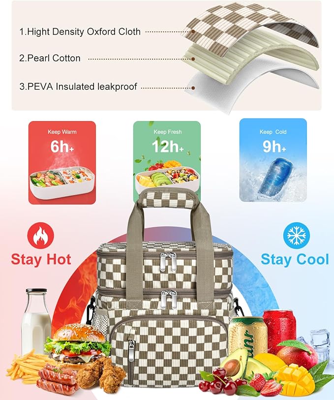 Insulated Lunch Bag for Women, Double Leakproof Lunch Box Soft Cooler Tote with 5 Pockets, 600D Oxford, EVA Lining, Adjustable Strap for Work, Picnic, Beach&Travel- Corduroy Khaki Checkered