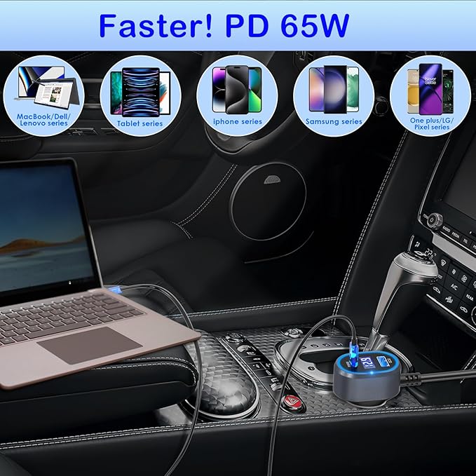 Cigarette Lighter Splitter 12V Plug 2-Socket with PD 65W Port, Car USB Charger Multi Port 300W 12V/24V Adapter with Voltage Display and 15A Fuse for All Car Devices, DC Outlet Car Accessories