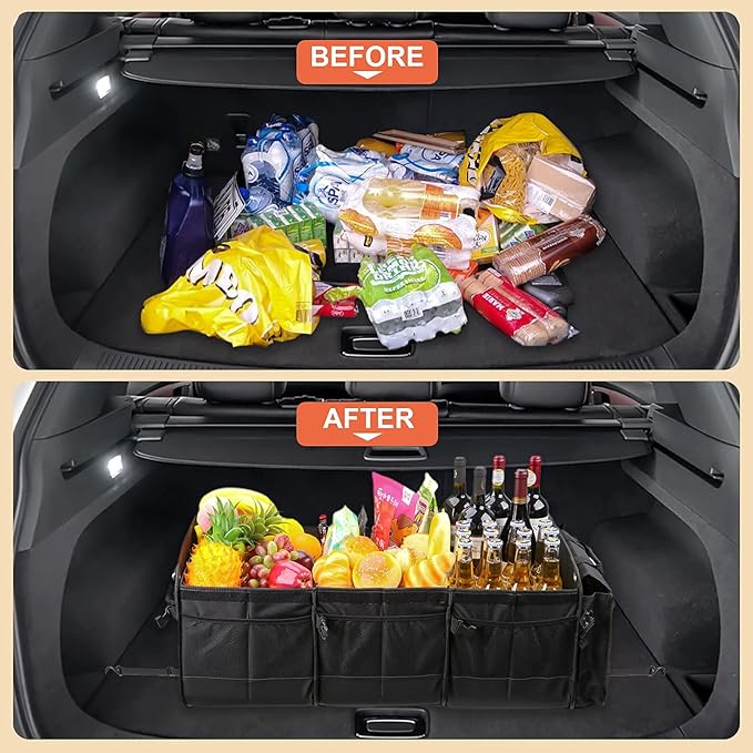 Car Trunk Organizer with Lid & Removable Leakproof Cooler Bag，Foldable Cover,Large Trunk Organizers,Multi-Compartment Collapsible Cargo Storage Organizer for SUV,Van,Truck,Sedan(3 Compartments,Black)