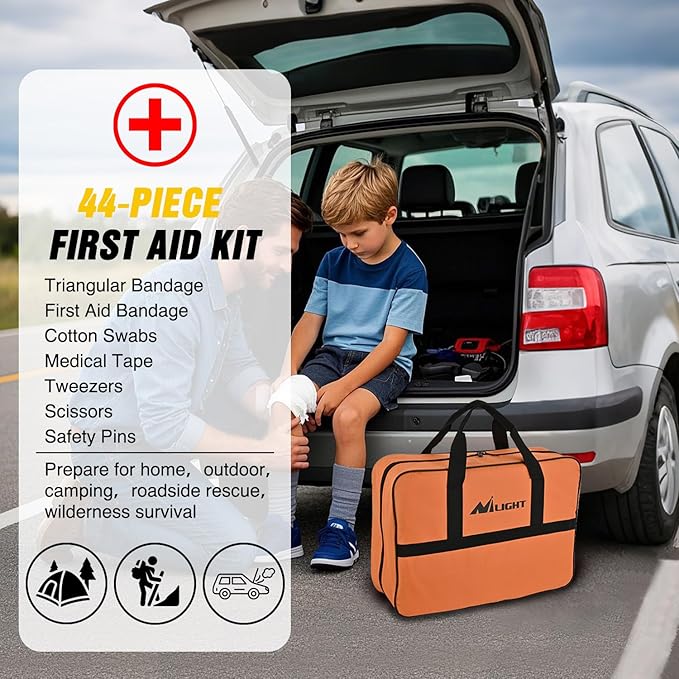 Nilight Car Emergency Kit with Jumper Cable Air Compressor Tire Repair Essential Tools First Aid Alligator Connector Electrical Kit for Travel Camping Outdoor Cars Truck SUV RV