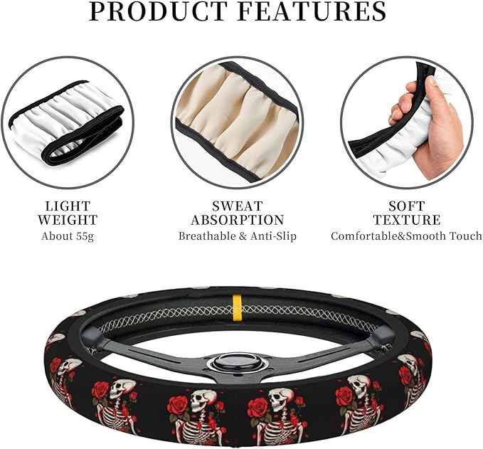 Ouqiuwa Red Rose Skeleton Steering Wheel Cover Women, Comfortable Elastic Steering Car Wheel Cover Fit 15 inches Universal Accessories Suvs Trucks Decor
