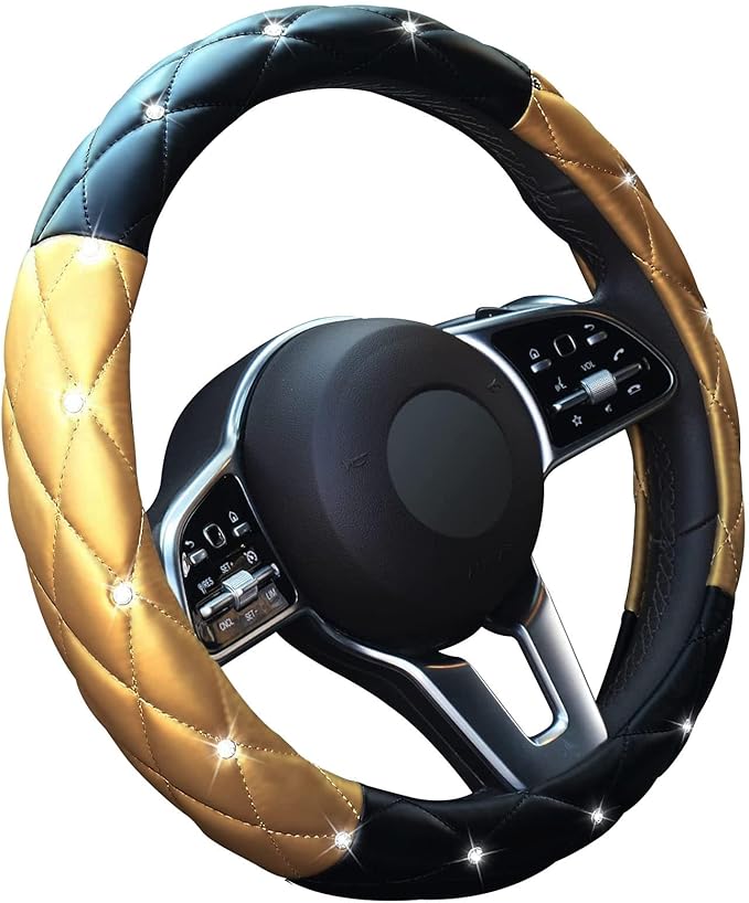 Xizopucy Black Gold Leather Bling Steering Wheel Cover, Anti-Slip Steering Wheel Protector with Crystal Rhinestones, Bling Steering Wheel Cover for Women and Girl Fit 14.5-15 inch