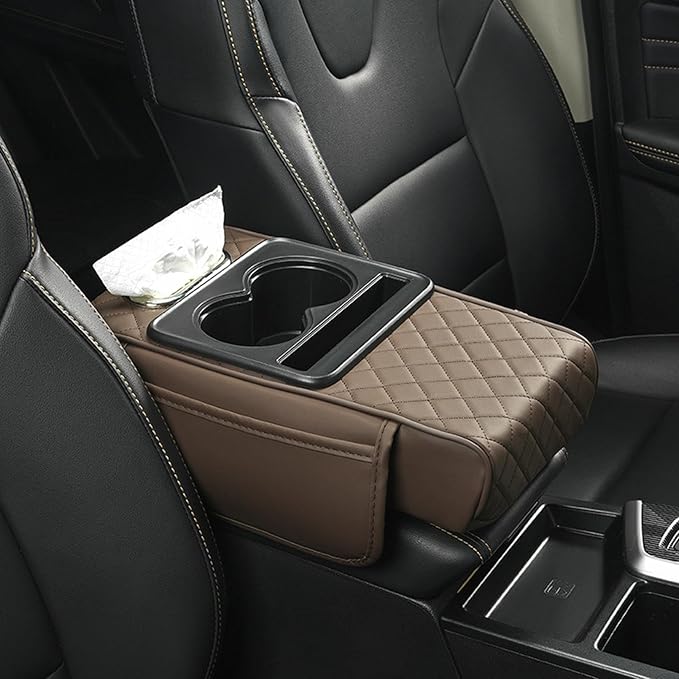 Car Armrest Cushion, 5-in-1 Center Console Cover with 2 Storage Bags Cup Holder, Cup Holder Tissue Slot Phone Slot for Car, Universal Car Armrest Box Cover Protection Pad for Most Vehicles (C)