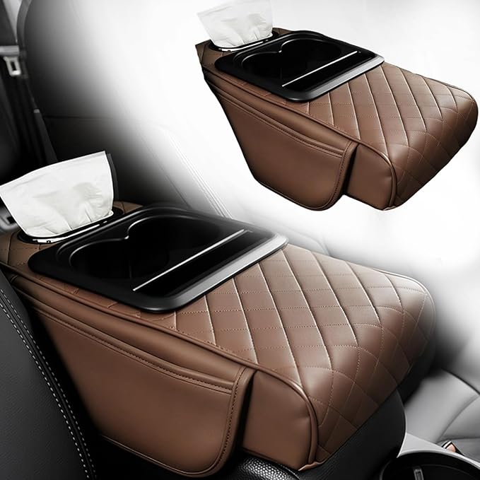Multifunctional Pu Leather Car Armrest Box Mat, 5-In-1Multifunctional Car Armrest Cushion, Car Arm Rest Cover Pad, Center Console Organizer with Cup Holder, Tissue Box & Phone Slot (Coffee)