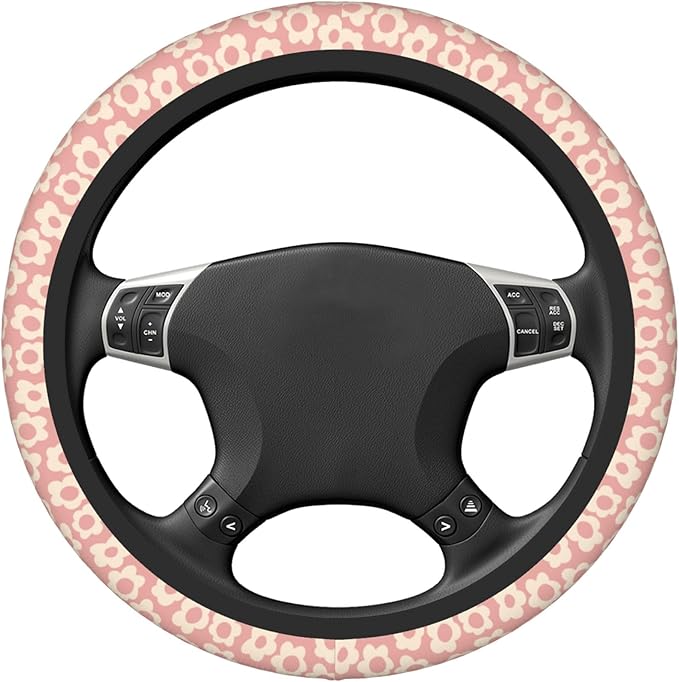 Vintage Pink Flower Steering Wheel Cover Cute Universal 15 Inch Car Accessories Protector for Women Fit Auto SUV Sedan Vans Trucks