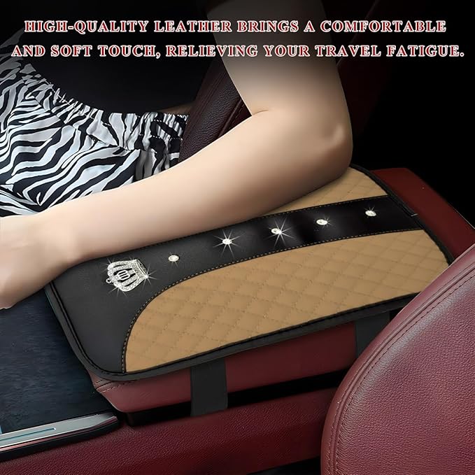 Bling Leather Car Center Console Cover, Anti-Slip Crown Armrest Seat Box Cushion Pad with Rhinestones, Waterproof Crystal Arm Rest Protector Interior Decor for Most Vehicles (Beige)