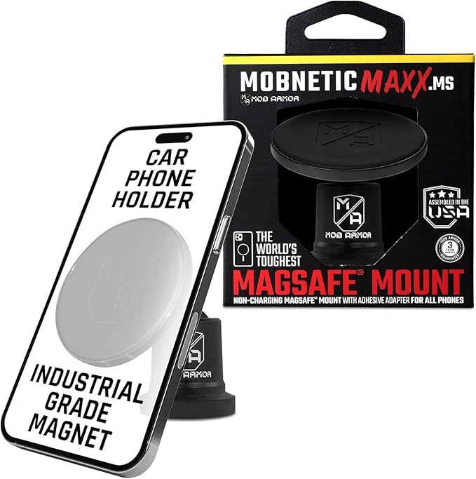 Mob Armor MobNetic Maxx MS - MagSafe Compatible Car Phone Mount w/ 90º Tilt, 360º Rotation & Durable Aluminum Build, Magnetic Holder for iPhone & Android Devices, USA Assembled - Black