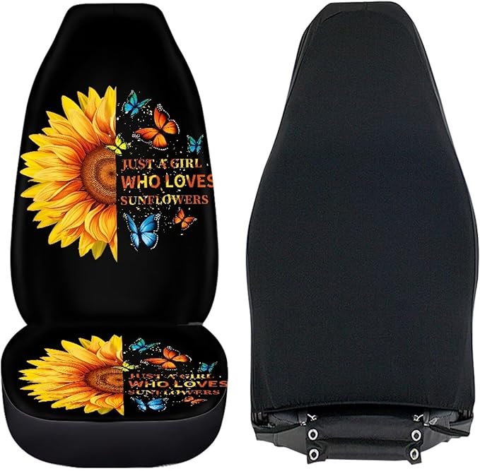 BIGCARJOB Sunflower Print Car Seat Cover Set for Front Seat Only,Sunshine Sunflower Auto Front Seat Protector Full Set Butterfly Car Interior Accessories,Universal Fit