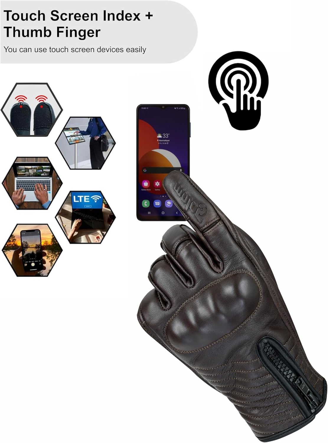 Full Finger Leather Motorcycle Gloves for Men & Women Touch Screen Gloves Premium Street Motorcycle Durable Protective Cruiser Biker Gel Leather Motorbike Gloves