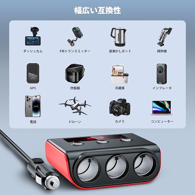 7 in 1 Cigarette Lighter Splitter, SONRU 3 Sockets Cigarette Lighter Splitter with PD Ports 3 Fast Charging USB Ports, 120W 12V/24V DC Independent Power Switches & LED Voltage Display