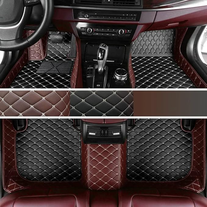 Custom Personalized Floor Mats for Cars - Luxury Full Coverage All Weather Mats, Anti-Slip Leather Mat Set, Fit for 99% of Cars, SUVs & Trucks (Brown&Black Beige, C-Double Color)