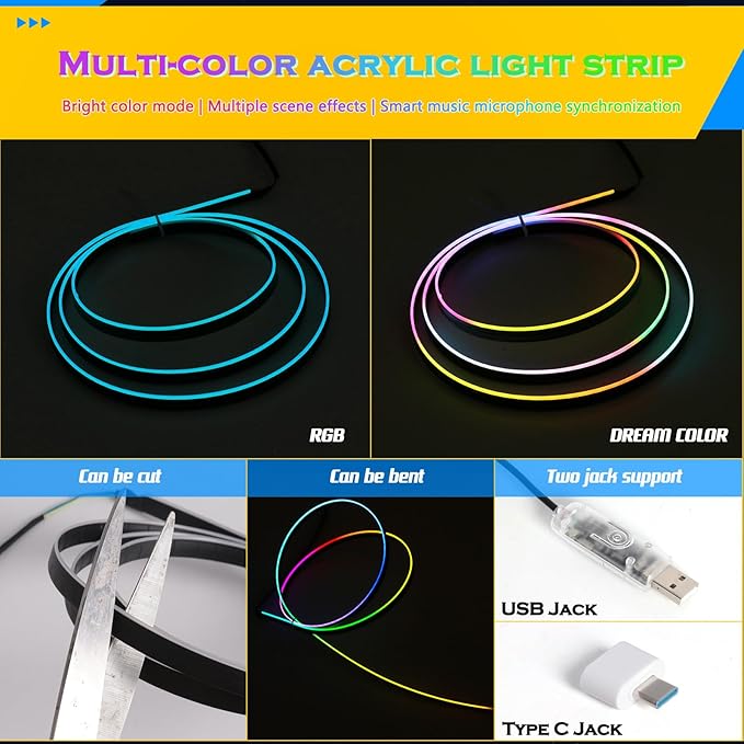 Dreamcolor Interior Acrylic Car Light Strip, 2 in 1 Car LED Strip Light with APP Control 43.3 Inches Fiber Optic Ambient Lighting Kits, Multi-Modes Sound Sync Neon Lights