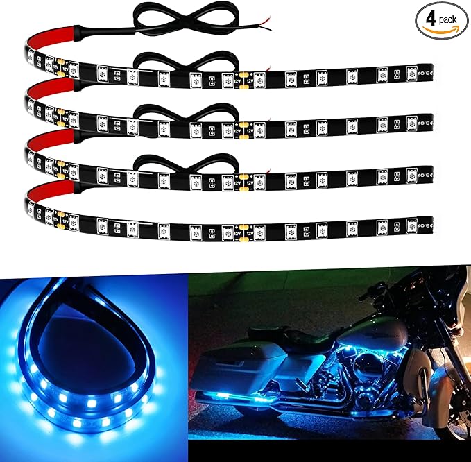 Keiurot Car Led Strip Lights 12" Connectable Ice Blue LEDs Light Strips for Cars Motorcycle Golf Cart Boat Marine Waterproof 12V Led Light Strip, 4Pack