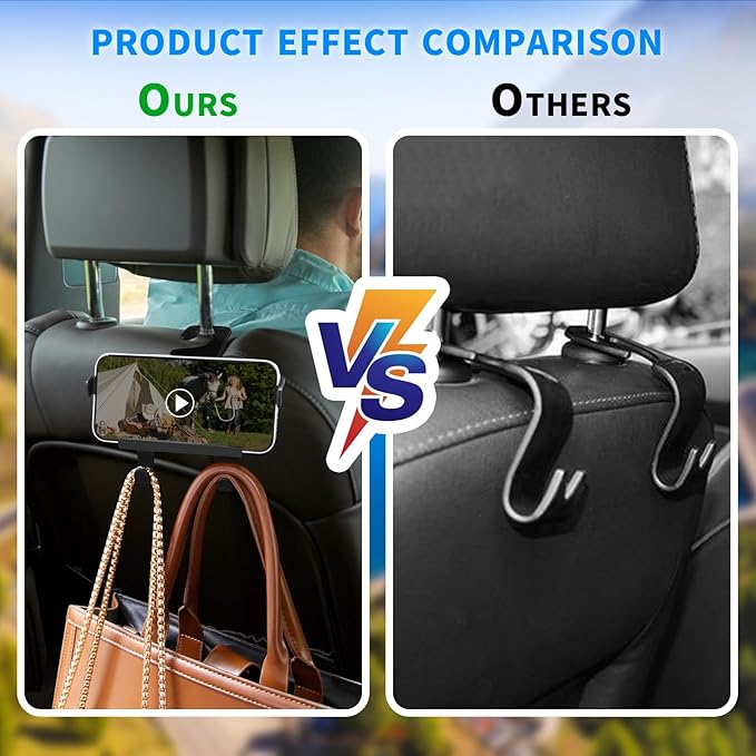 Upgraded Car Headrest Hidden Hook 2 in 1 Car Seat Hooks with Phone Holder for Purse, Hangers Vehicle Organizer ，Durable Hanger Storage Holder Organizer