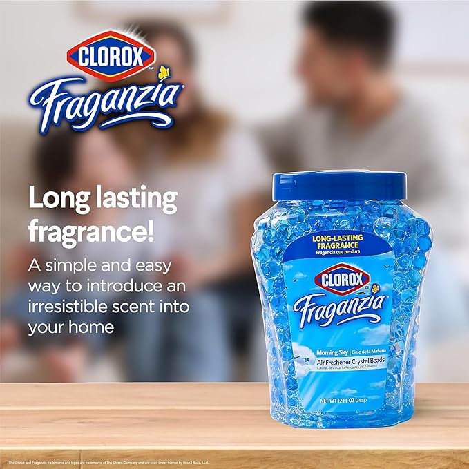 Clorox Fraganzia Crystal Beads Air Freshener, Long Lasting Room Deodorizer and Odor Eliminator Gel Beads to Freshen Home, Car, or Office, Morning Sky Scent, 12 Fl Oz