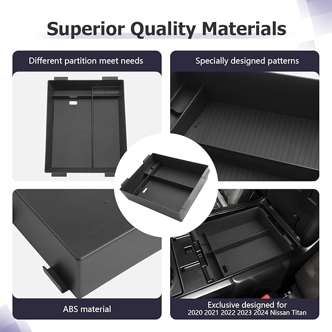LUWU Titan 2025 Accessories Compatible with Nissan Titan 2020 2021 2022 2023 2024 2025 Center Console Organizer Armrest Console Storage Box Insert Tray ABS Material Black Coin Container Black