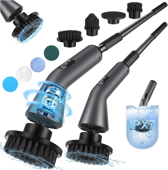 Electric Spin Scrubber -[Upgraded Version] [IPX7 Waterproof] Bathroom Scrubber Electric with 7 Brush Heads, 2 Speed, 400 RPM Power Scrubber with Detachable Long Handle for Bathroom, Home