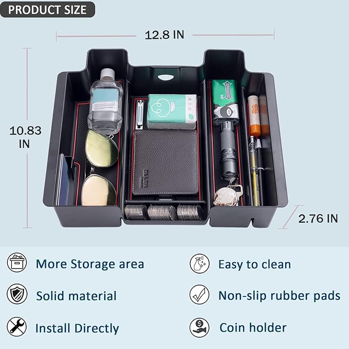 TOPINSTALL Red Center Console Organizer Compatible with 2019-2022 Silverado/Sierra 1500 and 2020-2023 Silverado/Sierra 2500HD 3500HD, Armrest Full-Size Tray (Full Console w/Bucket Seats ONLY)