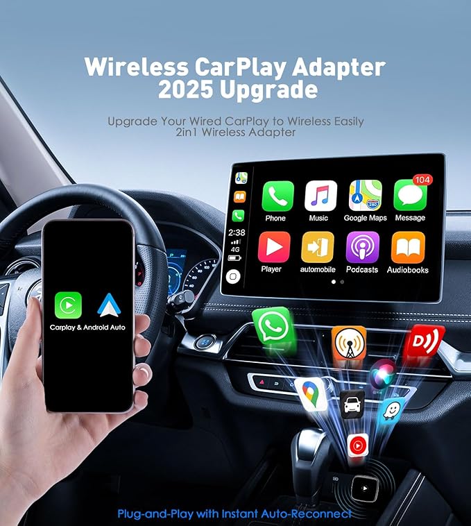 Wireless CarPlay Adapter for iPhone& Android,2-in-1CarPlay Dongle,Upgrade Wired to Wireless CarPlay Adapter,Cars with USB-A & Type-C Extension Cables,Stable Control,Plug and Play (Black)