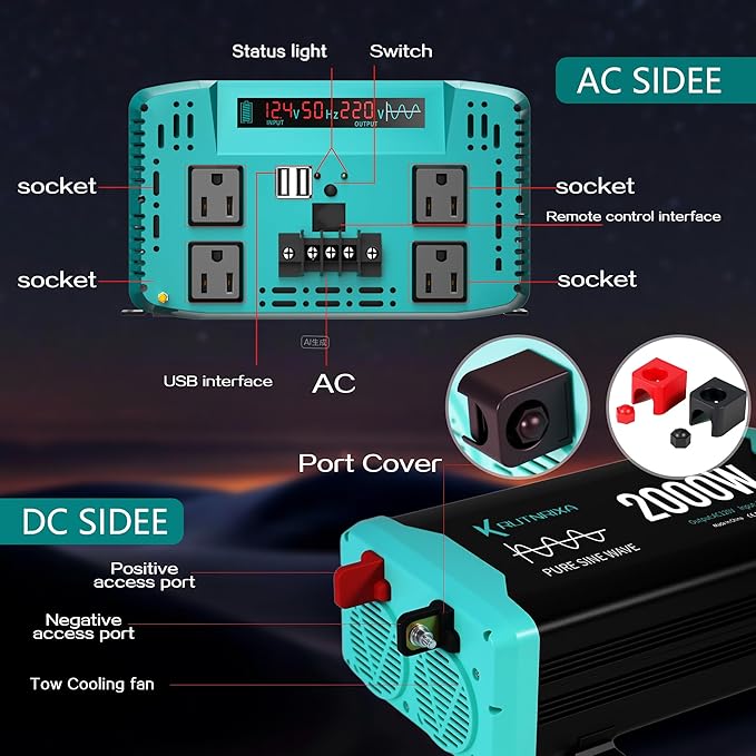 2000W Pure Sine Wave Inverter Peak 4000w 12V DC to 120V AC for RV, Truck, Off-Grid, Home, Solar Car Power Inverter with Dual AC Hardwire Port, 50A Socket, 5V 2.1A USB