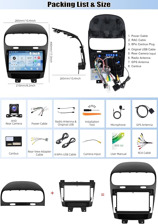 CAMECHO 4G+128G Car Radio Stereo for Dodge Journey 2012-2019 with Wireless Carplay Android Auto Android 15 Radio 9" 1280 * 720 Touch Screen Head Unit with GPS Bluetooth WiFi FM RDS Backup Camera