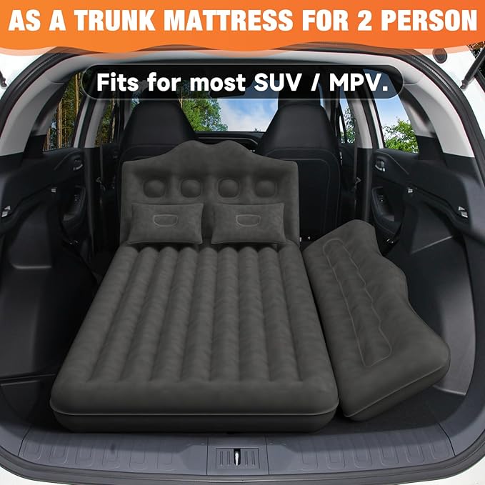 Car Air Mattress Bed: Inflatable Back Seat Air Mattress for Car, Thick Camping Sleeping Pads with 2 Pillows & Air Pumps, Fits Sedan/Truck/SUV, Black